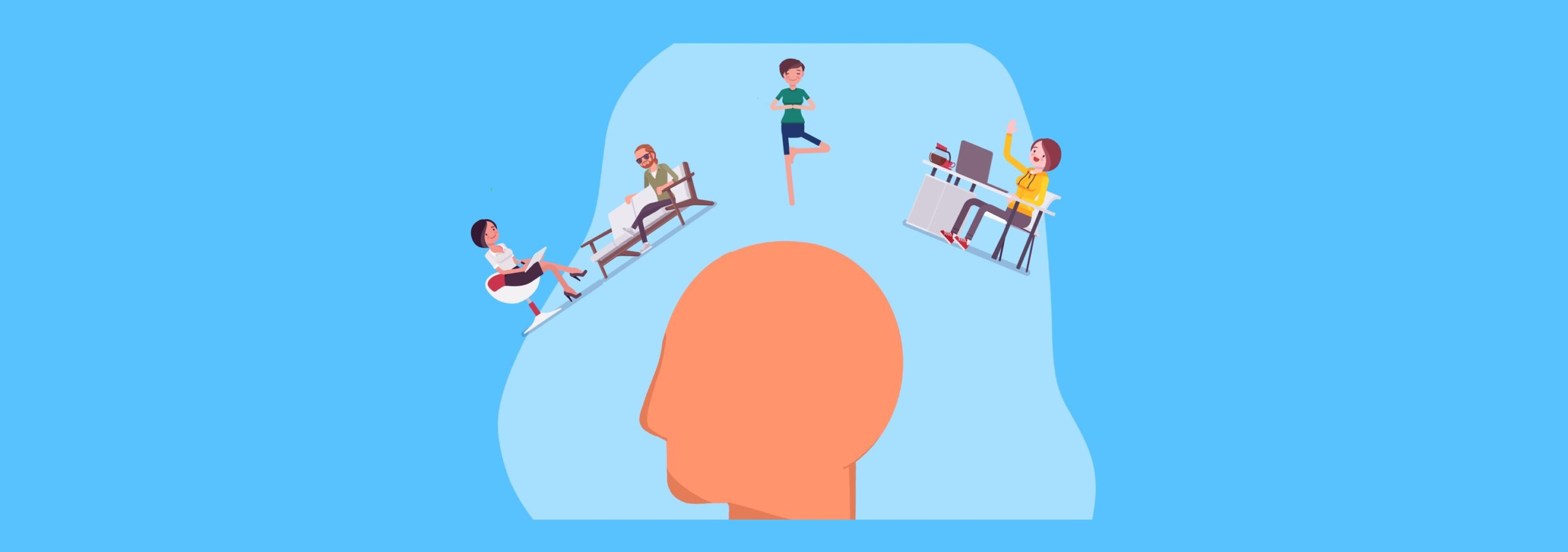 A face in the centre. To the top left of the face is a student getting face-to-face support. To the right is a student getting support via a laptop. In the middle is a person in a yoga pose.
